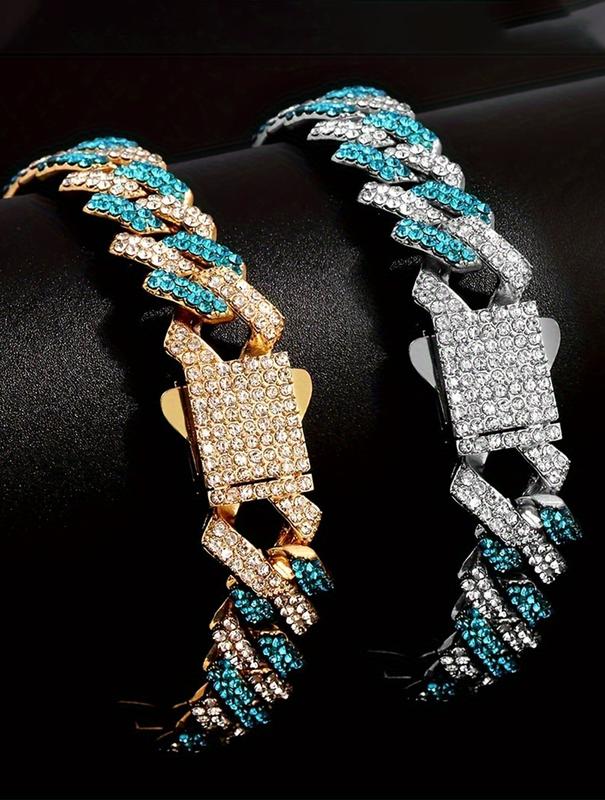 Blue Miami Cuban Chain Bracelet and Necklace Iced Out Charm Hip Hop Jewelry Set for Men Women Colorful Hip Hop Jewelry