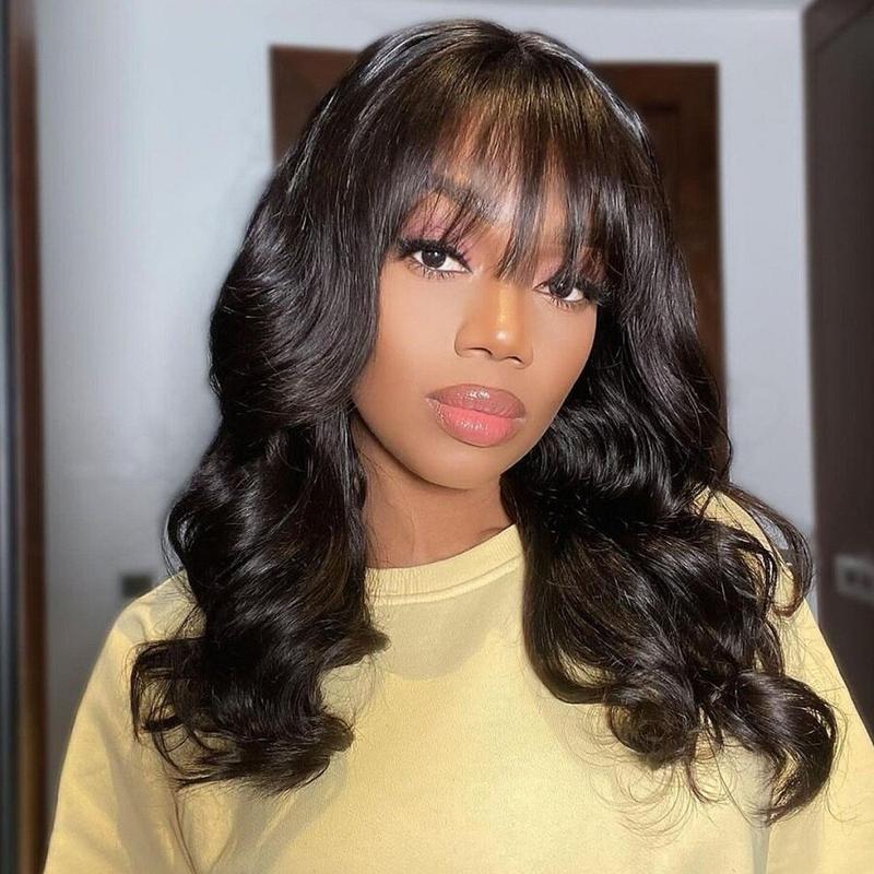 [Giving Sale] West Kiss Glueless Ready to Go Wig Body Wave 5x5 Lace Closure Wig with Bangs Glueless Human Hair Wigs Pre Cut Lace 5x5 Closure Wig Pre bleached Knots Beginner Friendly Human Hair Wig With Bangs 180% Density