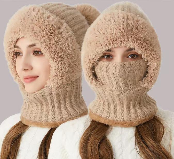 Womens Knit Beanie Hat Fleece Lined Winter Scarf Mask Set Snow Caps Plush Earmuff Skull Hats with Pompom