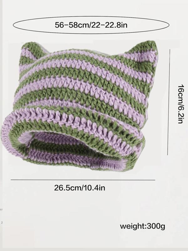 Cute Cat Ear Design Knitted Fitted Beanies, Casual Colorful Warm Striped Pattern Chunky Knit Top Tiered Beanie Hat for Women & Men, Fashion Y2k Accessories for Fall, Beanies for Men