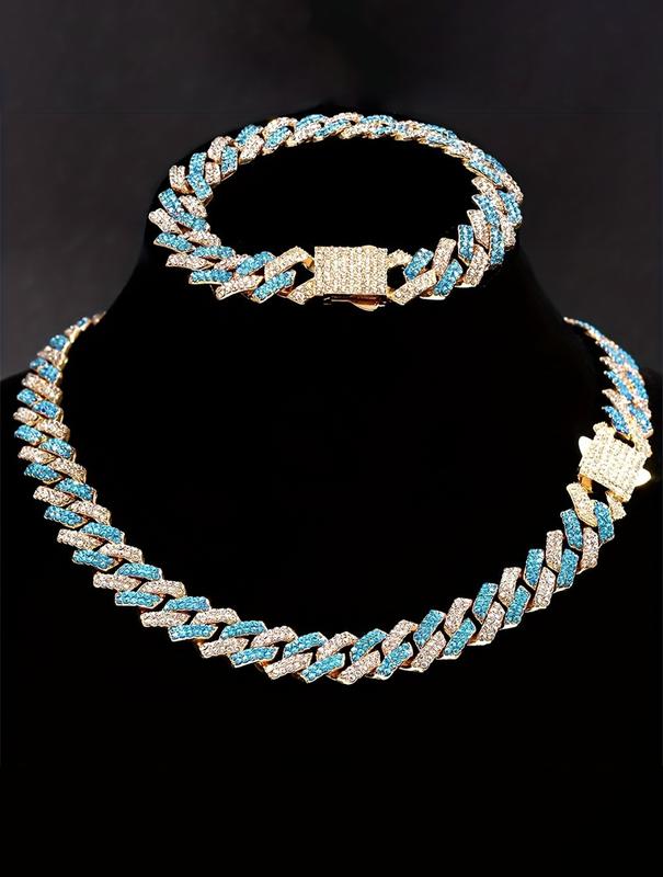 Blue Miami Cuban Chain Bracelet and Necklace Iced Out Charm Hip Hop Jewelry Set for Men Women Colorful Hip Hop Jewelry