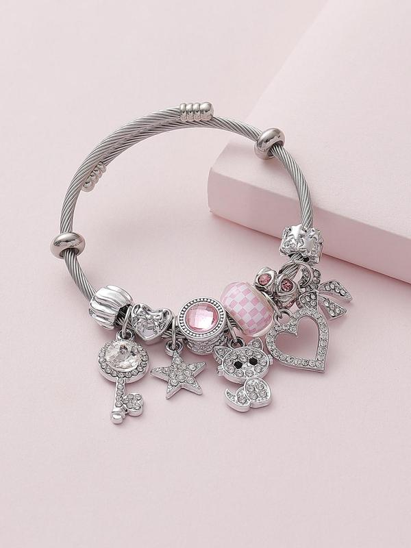 Fashionable Rhinestone Decorated Bracelet, Heart Charm Bow & Cat & Star & Key & Bow Design Bracelet for Women & Girls, Style Bracelet for Party, Daily Clothing Decor, Trendy All-match & Exquisite Jewelry for Birthday Gift