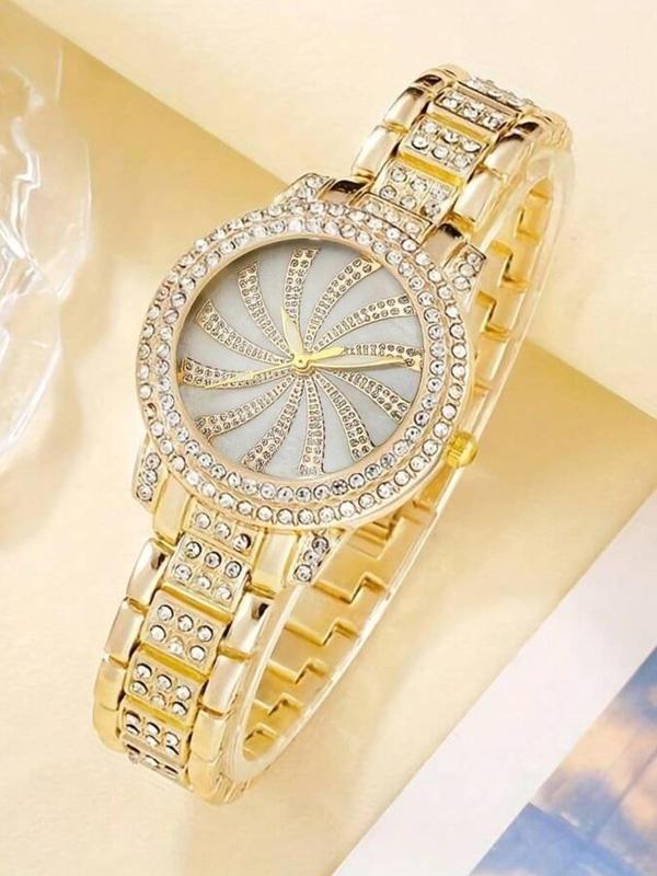 Women's Elegant Rhinestone Decorated Watch & Jewelry Set, Exquisite Wristwatch & Stud Earrings & Ring & Pendant Necklace & Bracelet, Fashionable Watch Set As Gift without Box