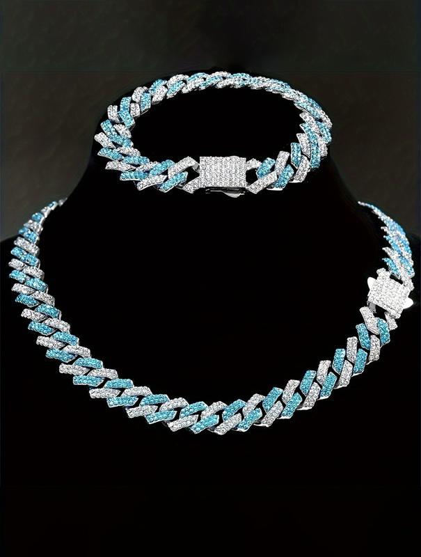 Blue Miami Cuban Chain Bracelet and Necklace Iced Out Charm Hip Hop Jewelry Set for Men Women Colorful Hip Hop Jewelry