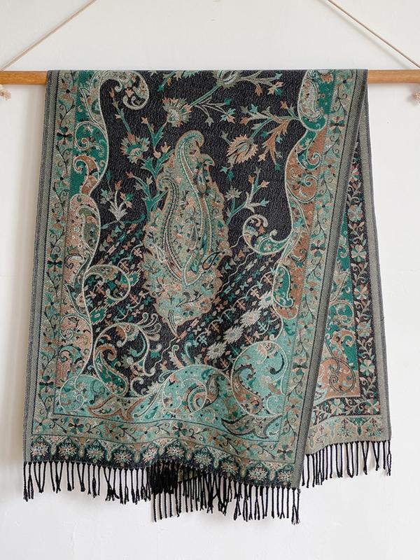 Boho Style Paisley & Floral Print Tassel Decor Shawl, Casual Warm Double-sided Scarf for Fall & Winter, Fashion Accessories for Women & Men