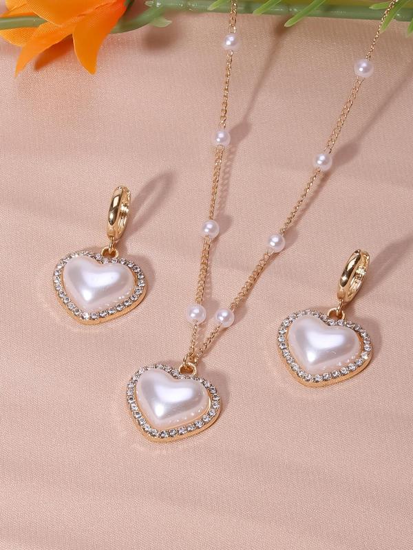 3pcs Women's Elegant Faux Pearl Decorated Heart Shaped Necklace & Dangle Earrings, Exquisite Trendy Jewelry Set, Fashionable Jewelry Set for Party Decoration for Women As Gift Without Box