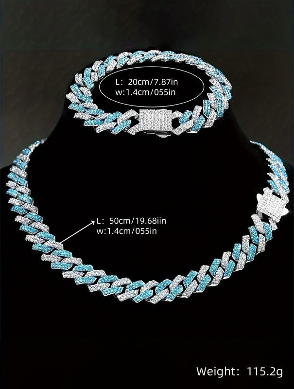 Blue Miami Cuban Chain Bracelet and Necklace Iced Out Charm Hip Hop Jewelry Set for Men Women Colorful Hip Hop Jewelry