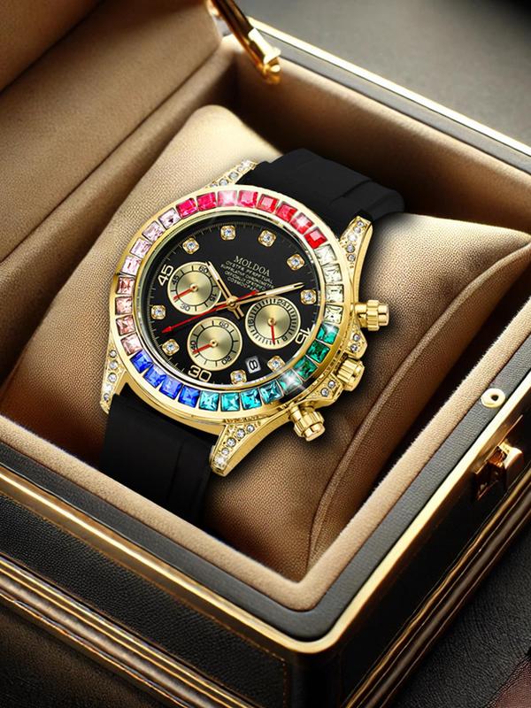 Men's Business Fashion Rhinestone Decorated Analog Quartz Watch, Fashion Watch for Party, Daily Clothing Decor, Trendy All-match & Exquisite Watch for Birthday Gift with Box