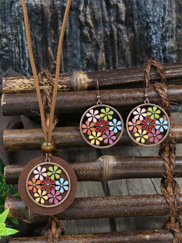 3pcs set Boho Hollow out Flower Decor Jewelry Set, Including Dangle Earrings & Pendant Necklace, Jewelry Set for Women, Trendy Vintage Fashion Accessories for Party, Club