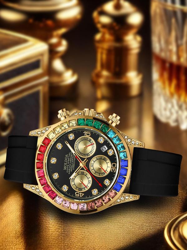 Men's Business Fashion Rhinestone Decorated Analog Quartz Watch, Fashion Watch for Party, Daily Clothing Decor, Trendy All-match & Exquisite Watch for Birthday Gift with Box