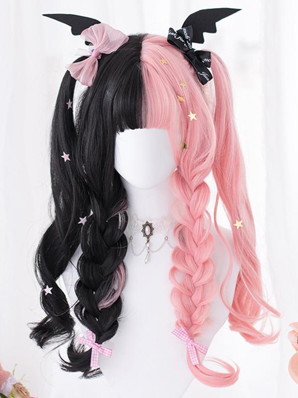 Women's Lolita Black & Pink Long Wavy Synthetic Hair Wigs with Blunt Bangs, Wigs for Daily, Cosplay, Anime Or Costume Party, Striking Natural Fluffy Hair Wigs with Bangs for Daily & Party