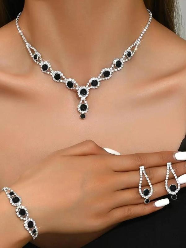 Women's Elegant Rhinestone Decorated Necklace & Earrings & Bracelet, Exquisite Trendy Jewelry Set, Fashionable Accessories for Party & Daily Clothing Decor