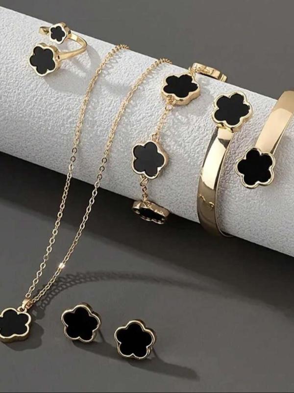 Flower Design Jewelry Set, Fashion Necklace & Bracelet & Bangle & Stud Earrings & Ring, Elegant Jewelry Set for Women & Girls