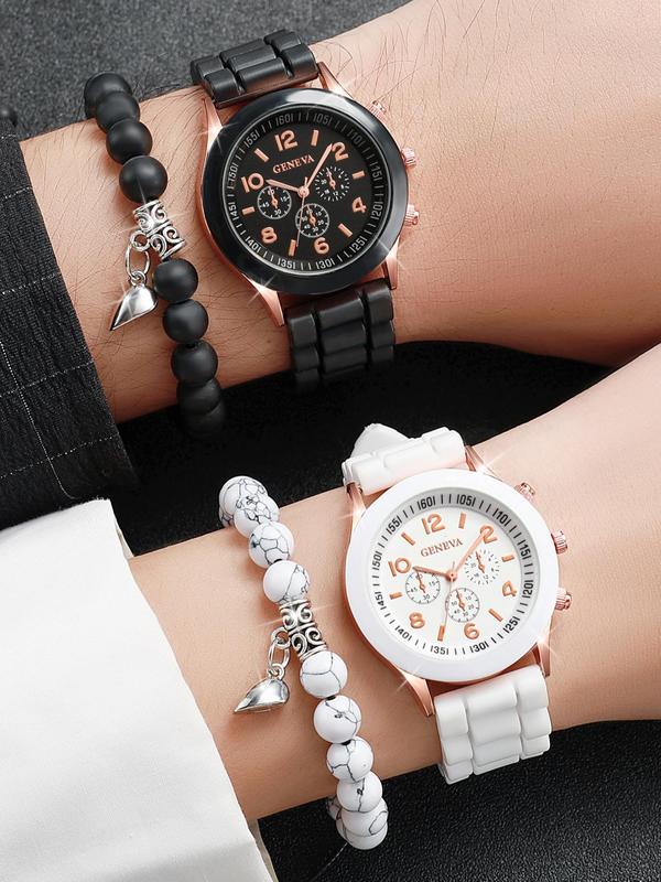 Simple Round Dial Quartz Watch & Heart Charm Beaded Bracelet Set, 4pcs Fashion Watch Set for Party, Daily Clothing Decor, Trendy All-match & Exquisite Watch Set for Birthday Gift without Box