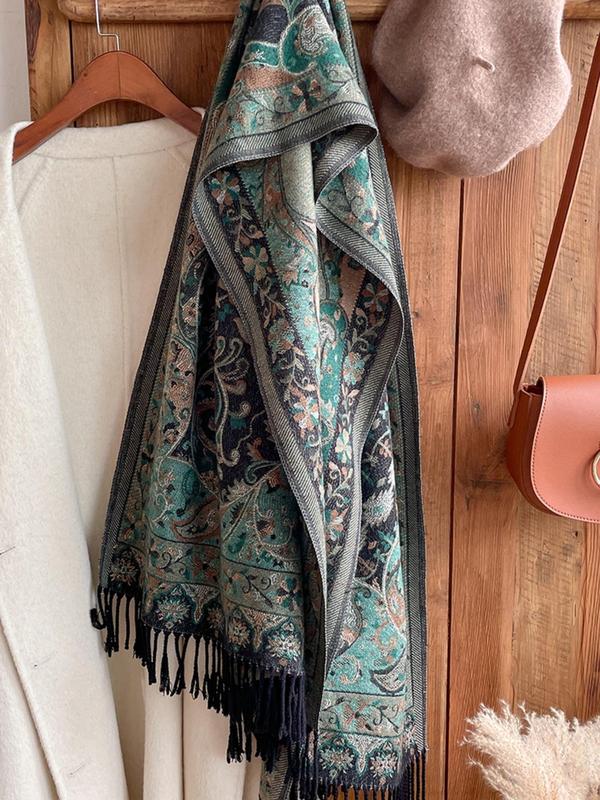 Boho Style Paisley & Floral Print Tassel Decor Shawl, Casual Warm Double-sided Scarf for Fall & Winter, Fashion Accessories for Women & Men