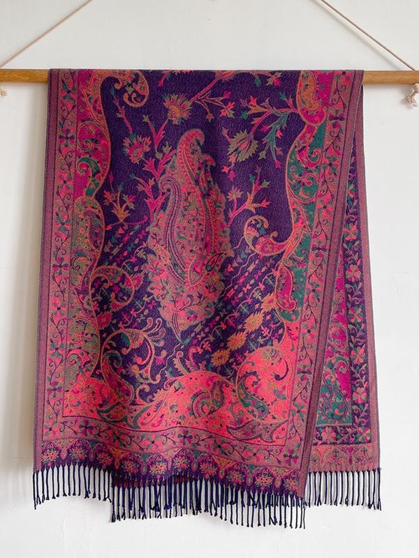 Boho Style Paisley & Floral Print Tassel Decor Shawl, Casual Warm Double-sided Scarf for Fall & Winter, Fashion Accessories for Women & Men