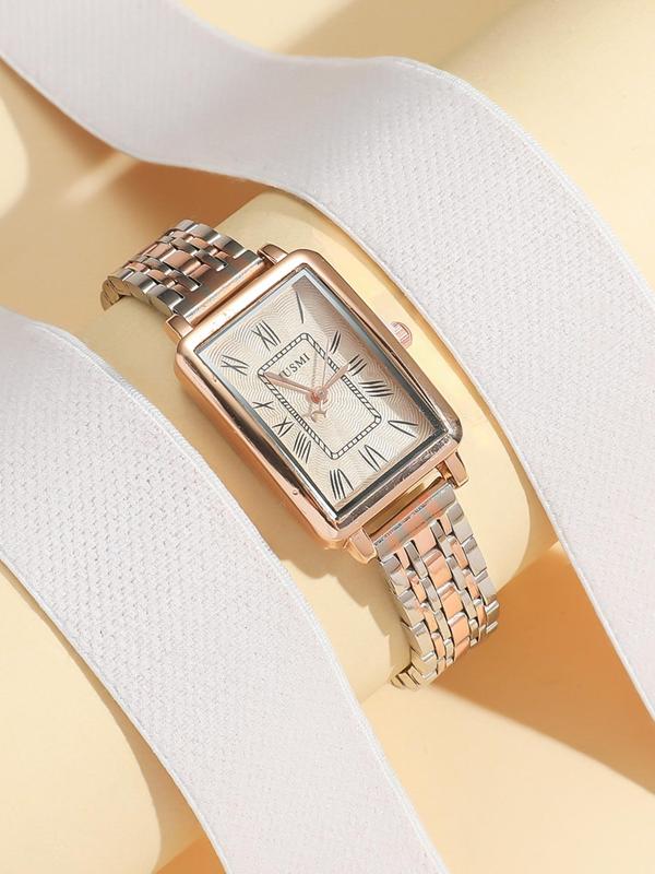 Women's Elegant Rhinestone Decorated Rectangle Dial Quartz Watch, Fashionable Watch for Women & Girls, Trendy All-match & Exquisite Watch for Birthday Gift, without Box