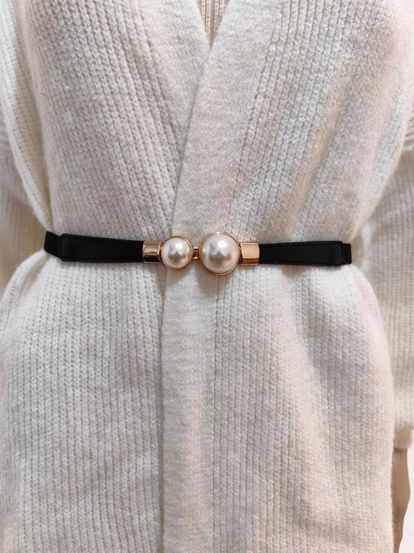 Women's Faux Pearl Decorated Chain Belt, Fashion Simple Solid Color Belt for Dress, Trendy Pu Leather Belt for Birthday Gift