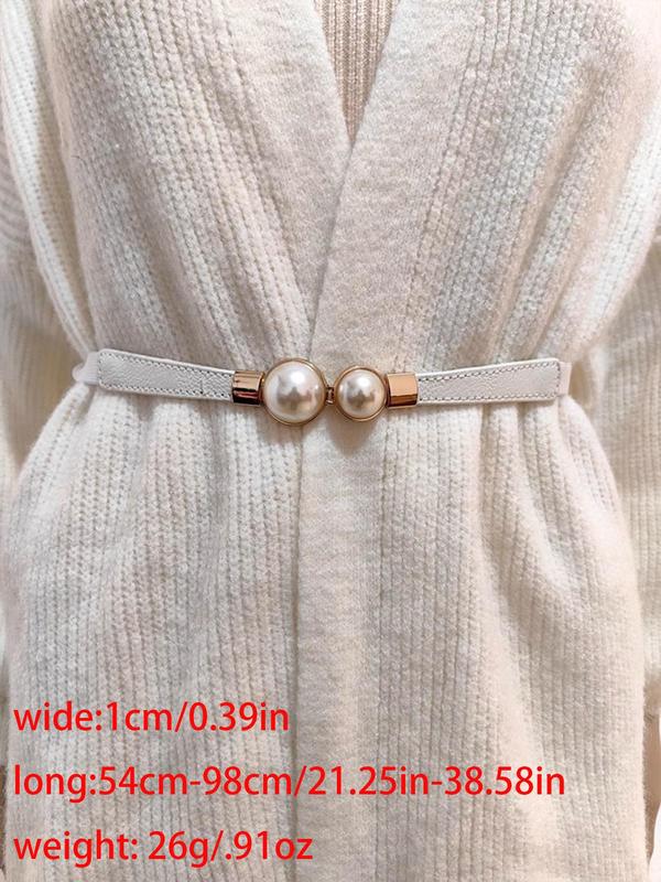 Women's Faux Pearl Decorated Chain Belt, Fashion Simple Solid Color Belt for Dress, Trendy Pu Leather Belt for Birthday Gift