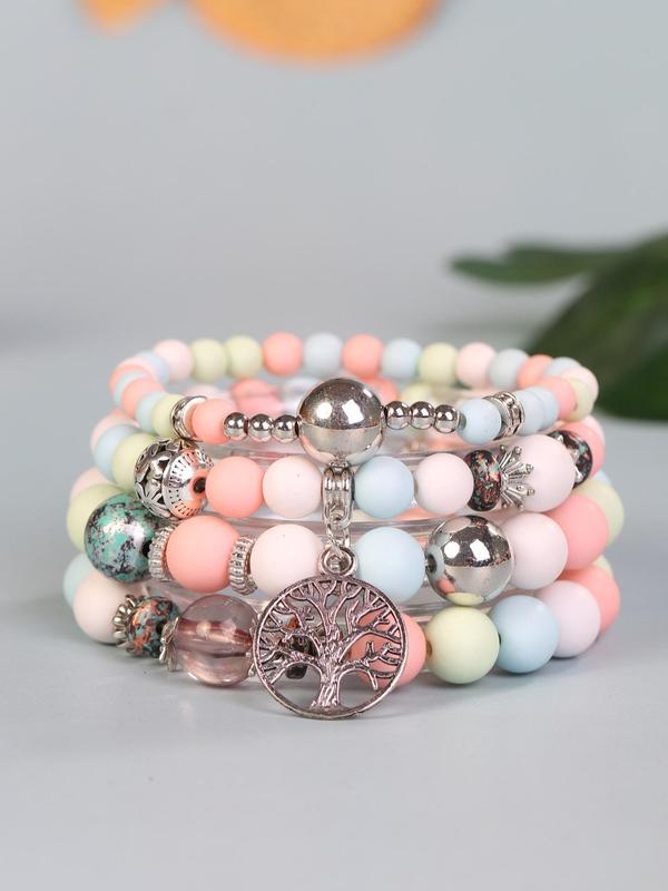 4pcs set Boho Style Hollow Out Tree Charm Beaded Bracelet, Fashion Random Print Casual Hand Jewelry For Women, All-match Fashion Accessories For Party