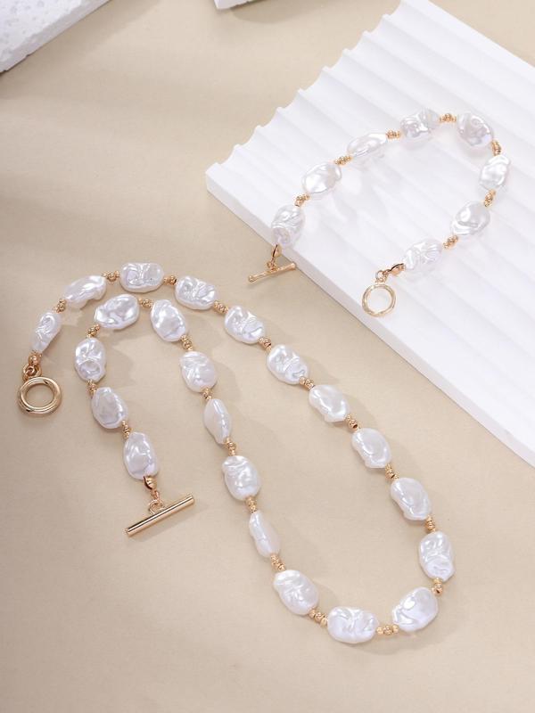 Women's Elegant Faux Pearl Decorative Jewelry Set, 2pcs Fashion Baroque Style Faux Pearl Beaded Necklace and Bracelet, Sweet Versatile Accessories for Girls, Great Gift Idea