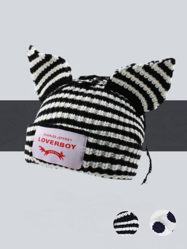 Cute Cat Ear Design Beanie Hat, Y2K Handmade Upgrade Cute Knit Hat, Striped & Polka Dot Pattern Fashionable Beanie Hat for All Seasons, Birthday Outfits