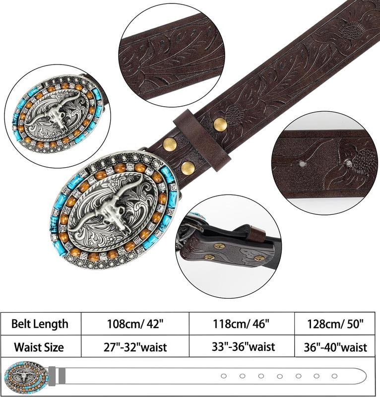 Women and Men Western-Turquoise-Belt Cowgirl-Belt - Vintage Coffee Embossed-PU-Leather-Belt for Jeans Pants