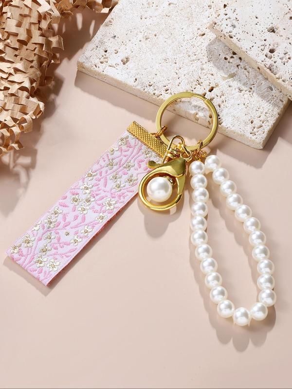 Floral Embroidery Tape & Faux Pearl Decor Keychain, Elegant Keychain for Women & Girls, Fashion Accessories for Daily Use, Trendy All-match & Exquisite Keychain for Birthday Gift