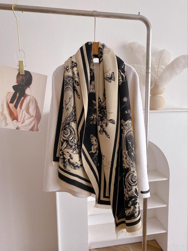 Women's Floral Print Tassel Detail Shawl, Casual Warm Double Sided Scarf for Fall & Winter, Fashion Accessories for Daily Wear