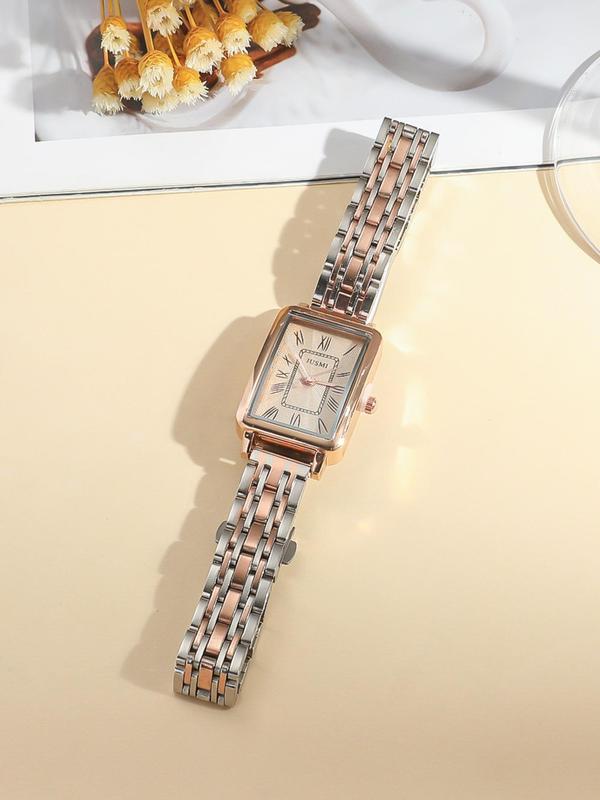 Women's Elegant Rhinestone Decorated Rectangle Dial Quartz Watch, Fashionable Watch for Women & Girls, Trendy All-match & Exquisite Watch for Birthday Gift, without Box