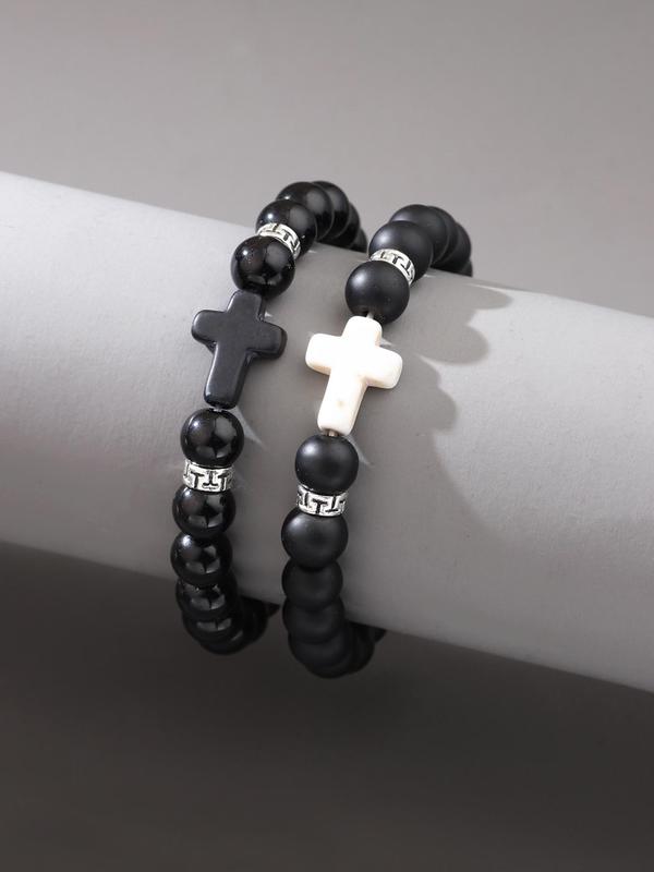 Men's Simple Cross & Bead Design Elastic Beaded Bracelet (2pcs), Fashion Jewelry for Party, Daily Clothing Decor, Trendy All-match & Exquisite Jewelry for Birthday Gift