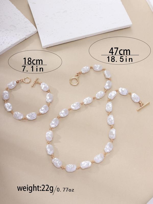 Women's Elegant Faux Pearl Decorative Jewelry Set, 2pcs Fashion Baroque Style Faux Pearl Beaded Necklace and Bracelet, Sweet Versatile Accessories for Girls, Great Gift Idea