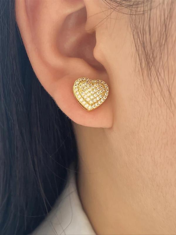 Elegant Heart Shaped Stud Earrings, 2024 Fall New Style Rhinestone Decor Stud Earrings, Fashion Cool Female Jewelry for Women for Gift Back To School, Fall Outfits, Fall Freshness