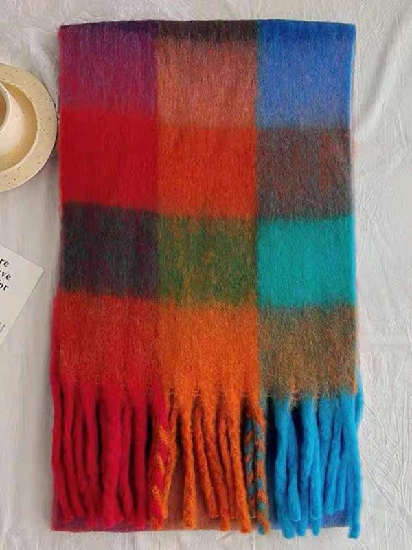 Colorful Plaid Pattern Tassel Decor Scarf, Women's Elegant Soft Warm Long Shawl, Fashion Accessories for Fall & Winter