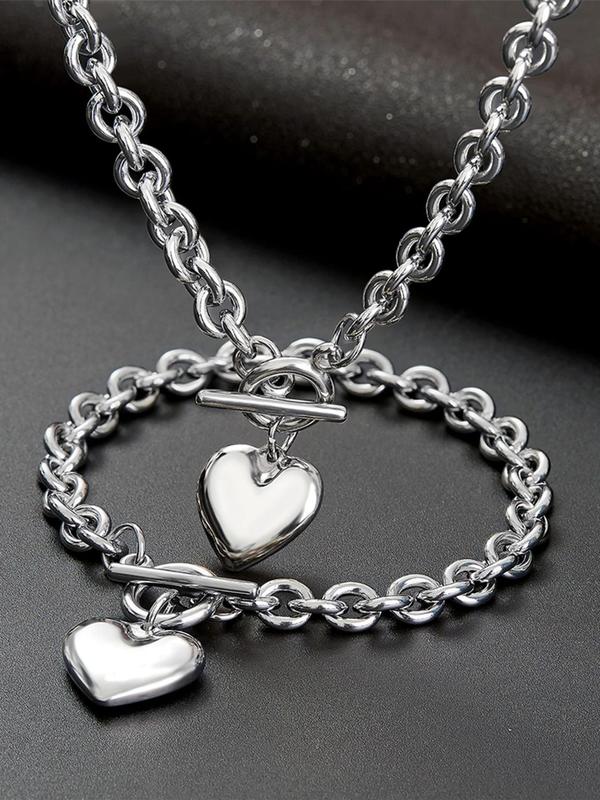 Cute Heart Shaped Pendant Necklace & Bracelet, Stainless Steel Jewelry Set for Party, Daily Decor, Trendy All-match & Exquisite Jewelry for Birthday Gift