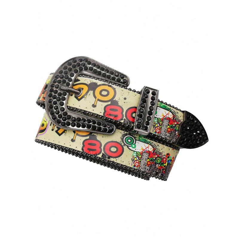 Vintage 70 80 Print Belt Punk Rhinestone Pin Buckle Waistband Female Male Western Jeans Y2K Belt