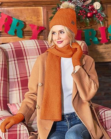 Christmas Gifts Beanie Hat Long Scarf Touchscreen Gloves Set with Fleece Lined Pom Skull Cap Gifts for Women