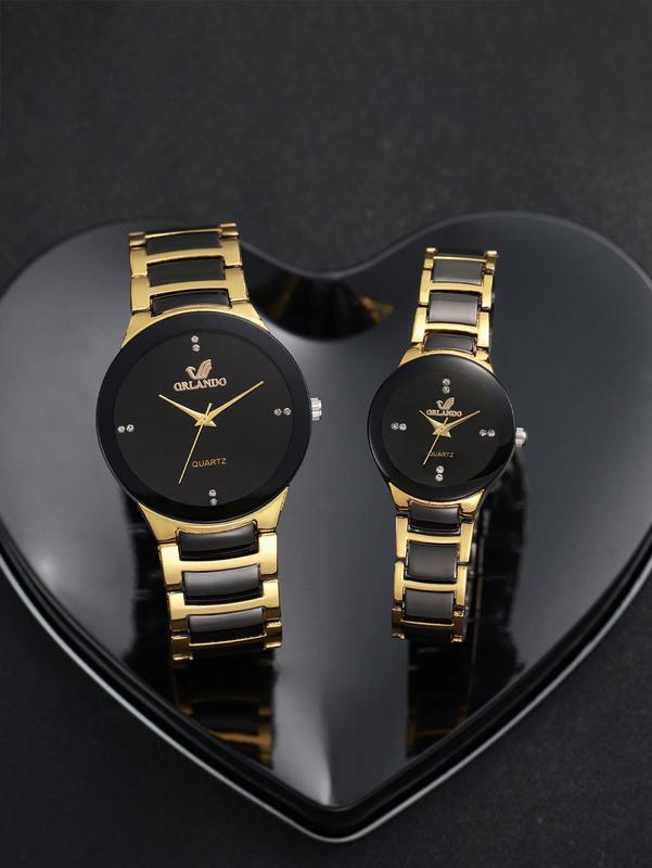 Couple Stainless Steel Strap Fashionable Simple Diamond-Studded Dial Quartz Watches + Heart Beaded Bracelet Set (4pcs Set)