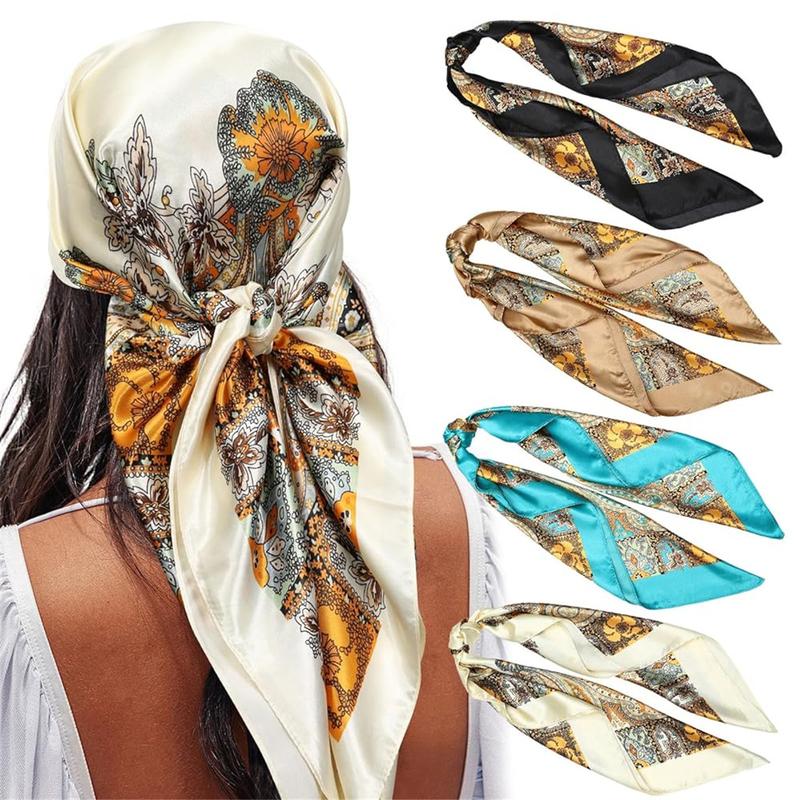 4PCS Set 35'' Printed Square Head Scarf Neck Scarves for Women Silk Like Hair Kerchief Bandanas Neck Scarf Sleeping Head Wraps Hair Band Headscarf Female Hair Accessories