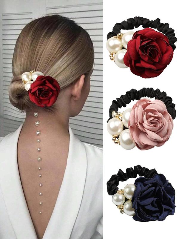 Faux Pearl Decorated Flower Design Hair Tie, Elegant Hair Accessories for Women & Girls, Minimalist Headwear Suitable for Thick Hair