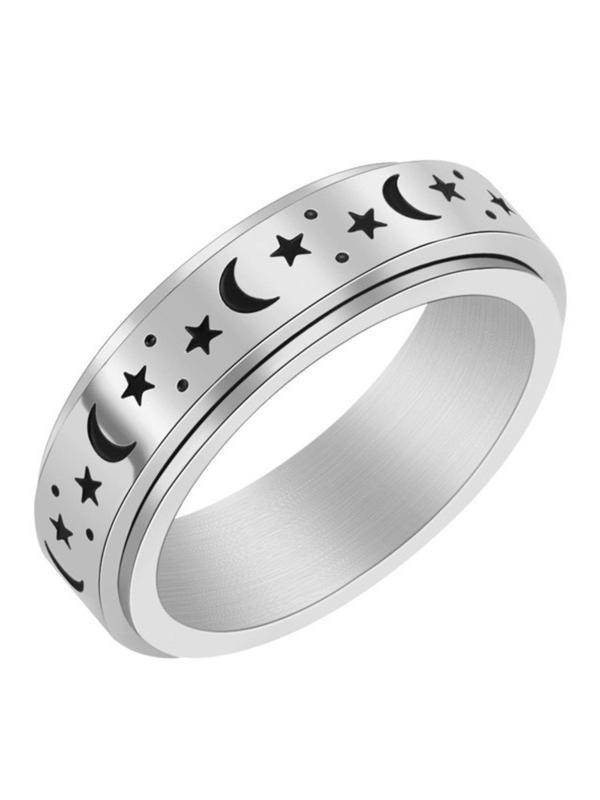 2024 New Trendy Star & Moon Decor Anxiety Ring, Rotatable Cuff Promise Rings, Fashion Matching Clean Outfit Jewelry Accessories for Women & Men, Teen Girl