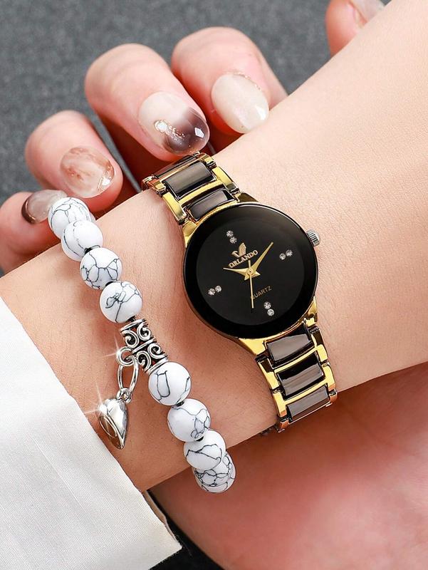 Couple Stainless Steel Strap Fashionable Simple Diamond-Studded Dial Quartz Watches + Heart Beaded Bracelet Set (4pcs Set)