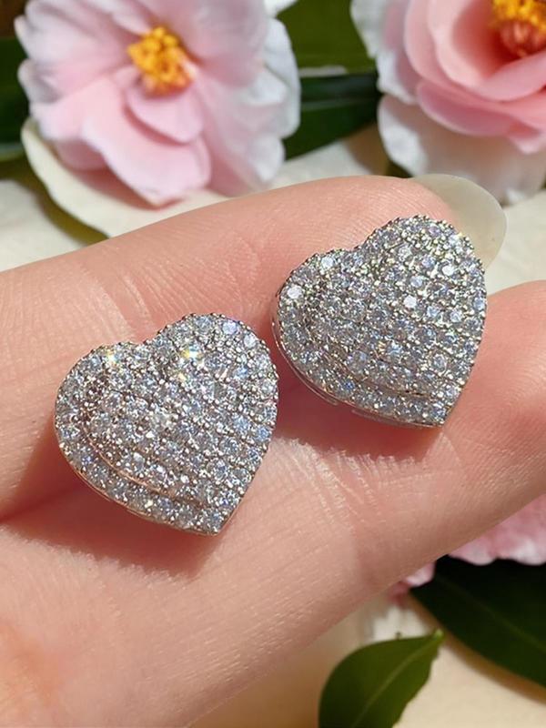 Elegant Heart Shaped Stud Earrings, 2024 Fall New Style Rhinestone Decor Stud Earrings, Fashion Cool Female Jewelry for Women for Gift Back To School, Fall Outfits, Fall Freshness