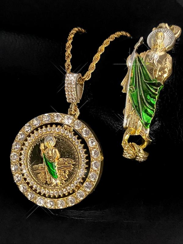 San Judas Tadeo Rotatable Pendant Necklace & Bracelet, Rhinestone Decorated Jewelry Set for Party, Daily Clothing Decor, Trendy All-match & Exquisite Jewelry for Birthday Gift