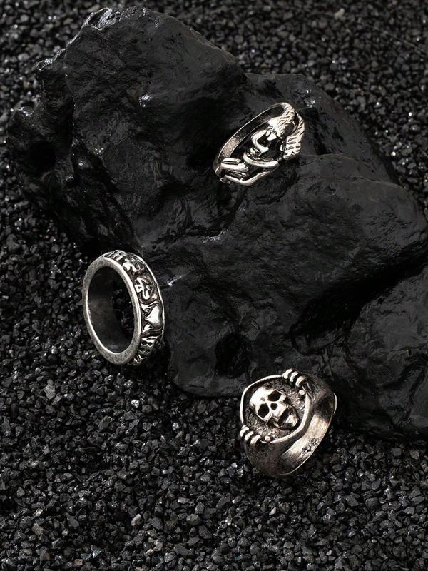 Men's Punk Style Skull Design Ring Set, Vintage Trendy Ring Set, Fashionable Jewelry for Daily & Party Decoration, Trendy All-match & Exquisite Jewelry for Birthday Gift