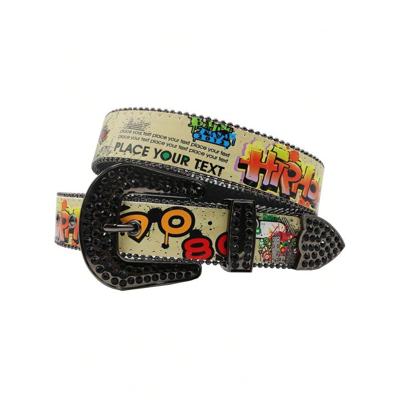 Vintage 70 80 Print Belt Punk Rhinestone Pin Buckle Waistband Female Male Western Jeans Y2K Belt