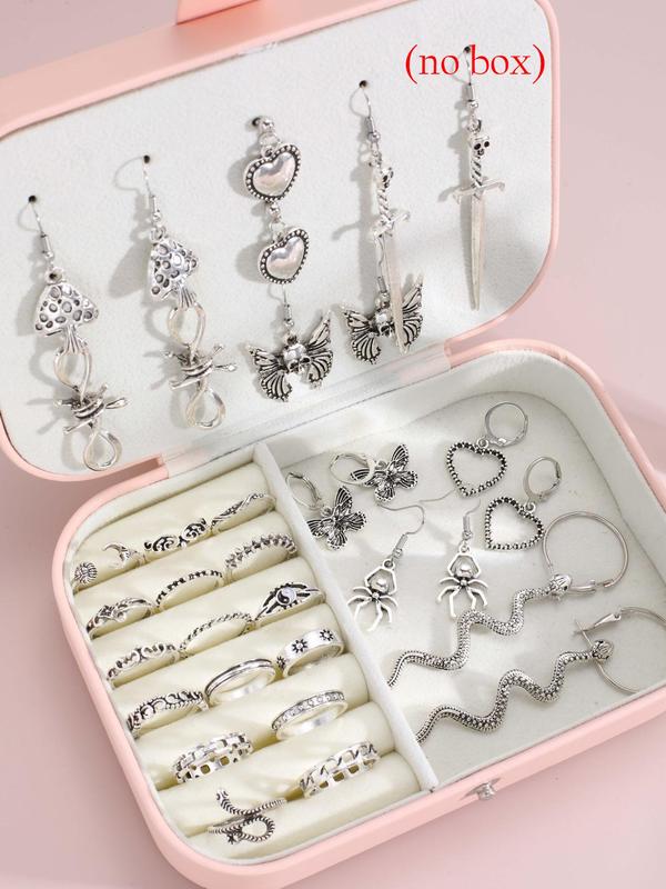 Punk Style Butterfly & Heart & Snake & Spider Design Jewelry Set (34pcs set), Fashionable Dangle Earrings & Rings for Women & Girls As Birthday Gift