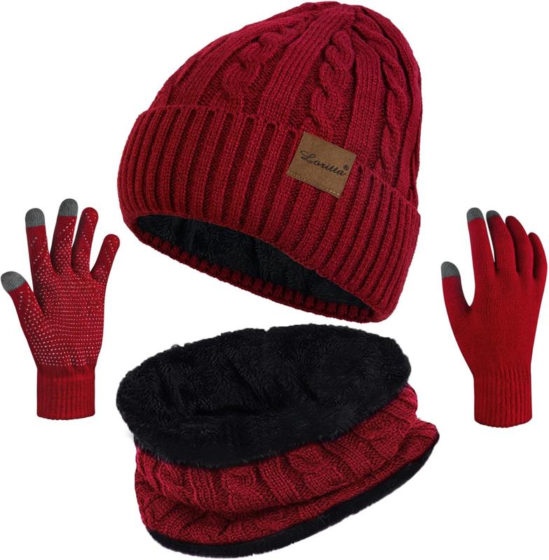 3 count Winter Beanie Hat Scarf Touch Screen Gloves Set Thick Warm Knit Skull Cap Fleece Lined Scarves Gifts for Women