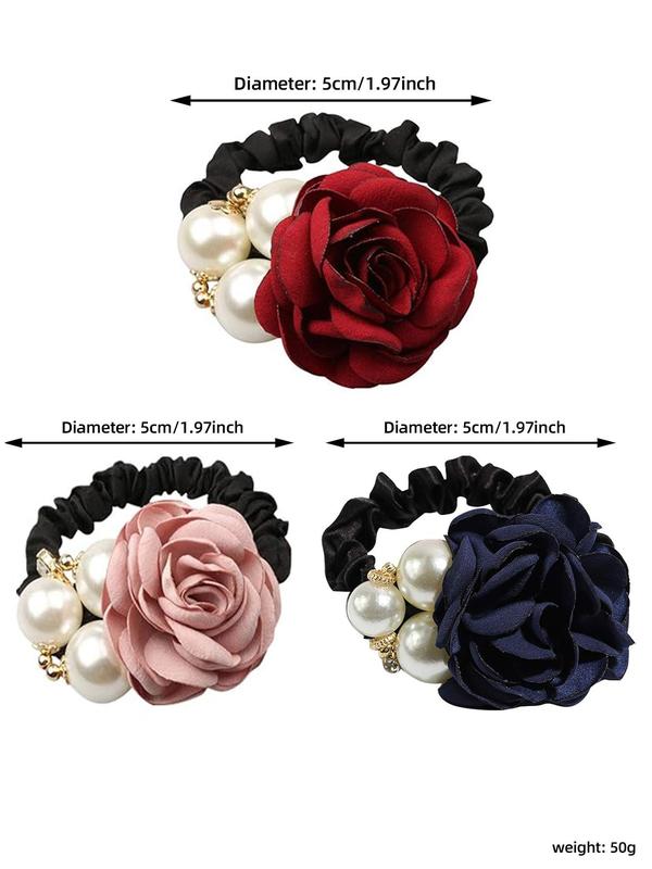 Faux Pearl Decorated Flower Design Hair Tie, Elegant Hair Accessories for Women & Girls, Minimalist Headwear Suitable for Thick Hair