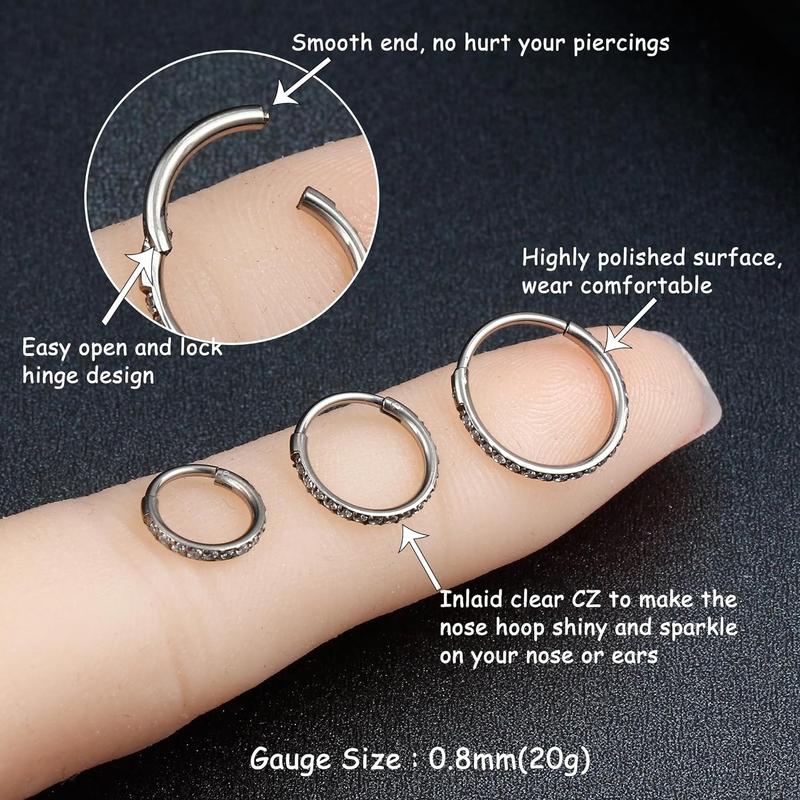 Milacolato 1count G23 Titanium Nose Rings Hoops Hypoallergenic Conch Piercing Jewelry 16G 18G 20G Hinged Segment CZ Paved Clicker Rings for Septum Cartilage Daith Helix Rook Tragus Ear Lobe Earrings for Women Men 6mm 8mm 10mm